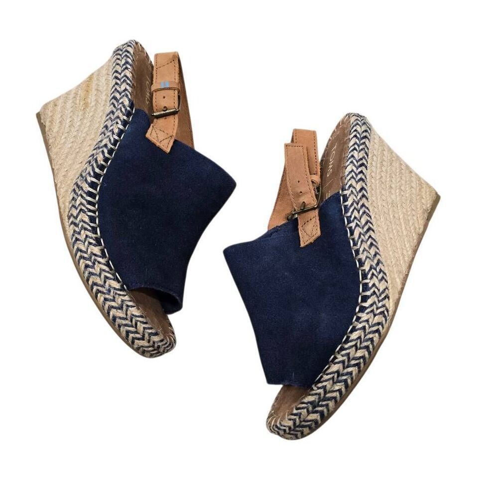 Toms Monica Espadrille Sandals‎ Women's 7.5 Blue Suede Wedge Heel Formal Preppy